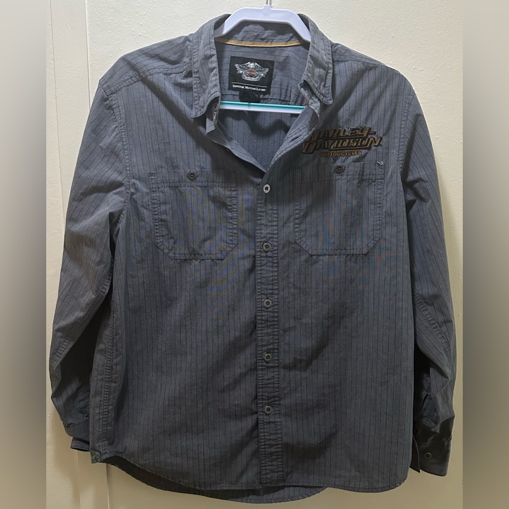 Harley Davidson Pinstriped Long Sleeve Mechanic Shirt Size Medium